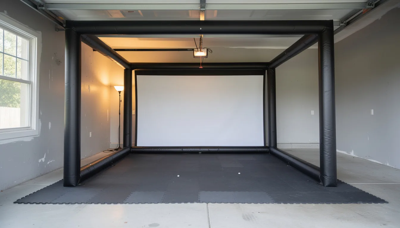A padded black simulator enclosure frame in a garage bay with the impact screen stretched inside