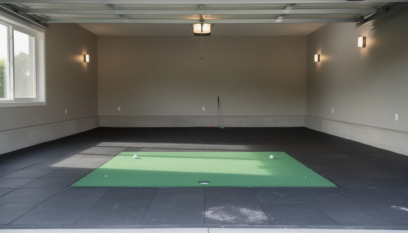 Interlocking rubber floor tiles with a turf hitting mat set flush into them