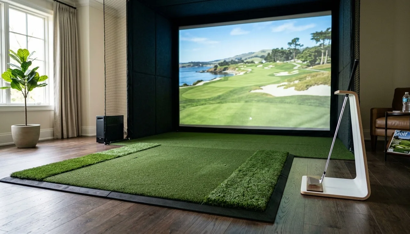 A hitting mat and golf ball in a home simulator bay