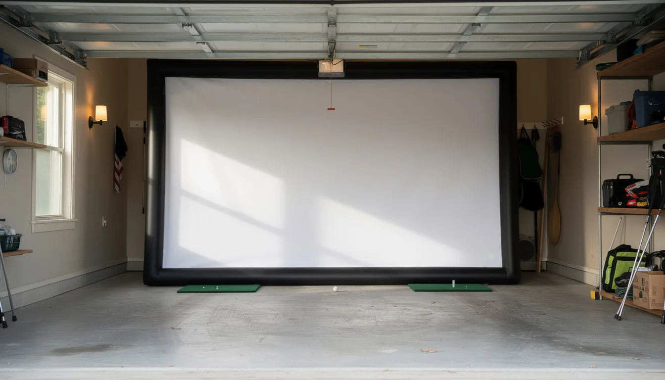 A taut impact screen in a padded frame at the end of a garage bay