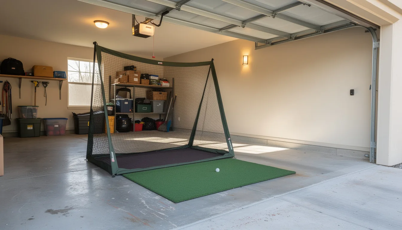 A freestanding golf practice net in a garage bay with a hitting mat in front of it