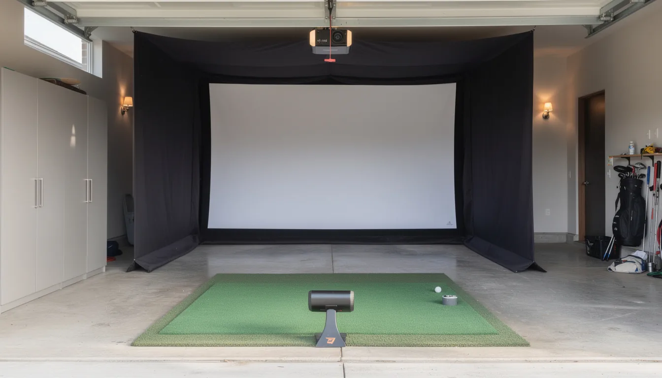 A fully assembled simulator bay showing enclosure, screen, mat, projector and launch monitor