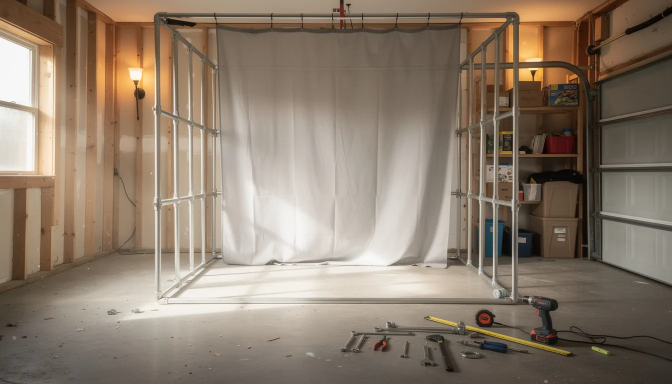 A half-built DIY simulator enclosure of steel conduit with the screen partly hung