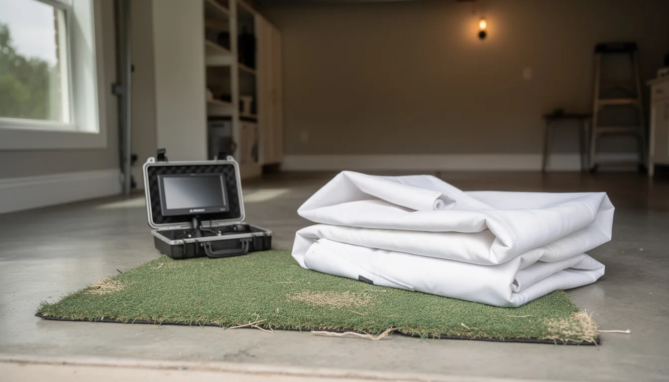Second-hand simulator gear on a garage floor: a worn mat, a launch monitor case and a folded screen
