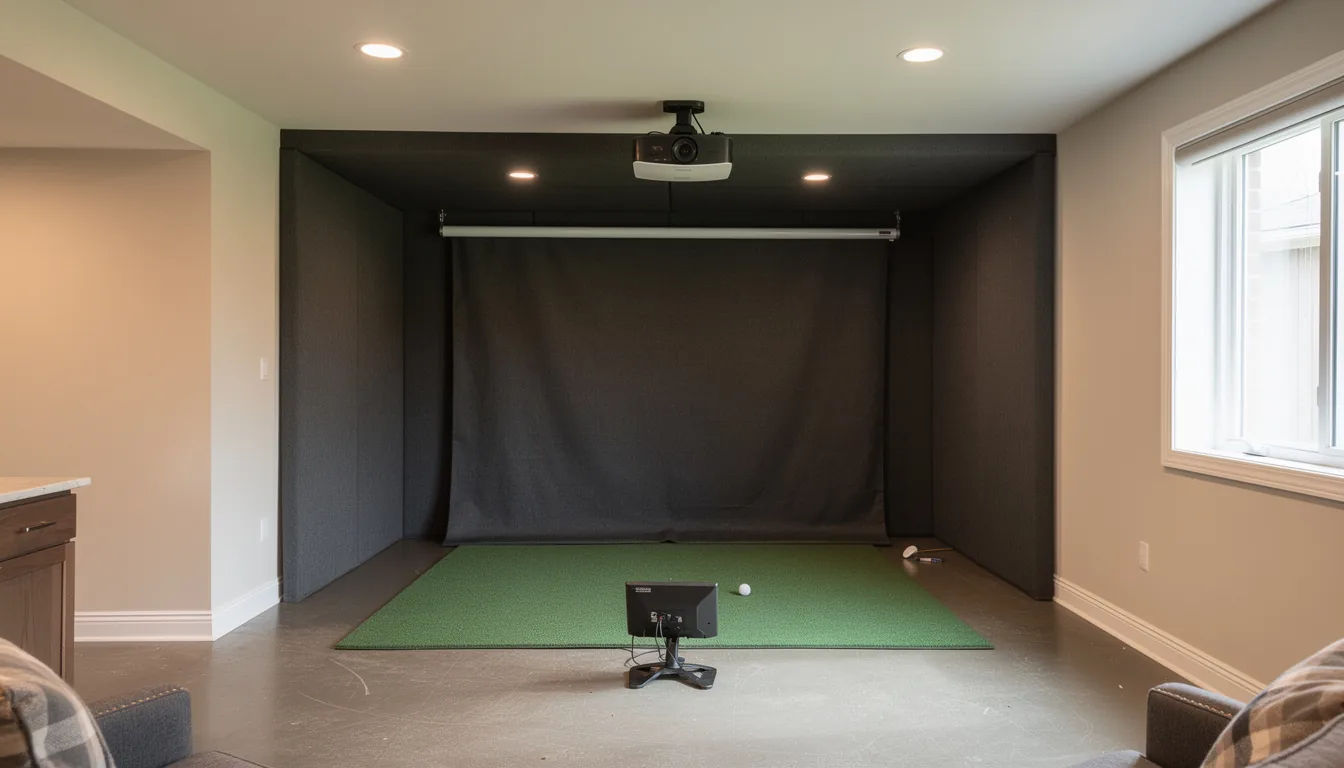 A finished home golf simulator bay with an impact screen, hitting mat and ceiling-mounted projector