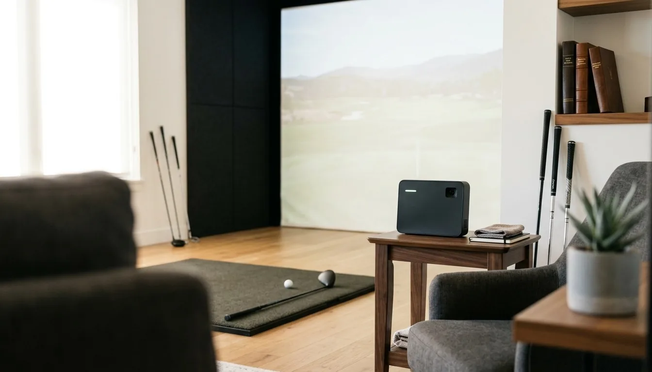 A launch monitor on a side table beside a hitting mat in a home simulator room, impact screen lit in the background