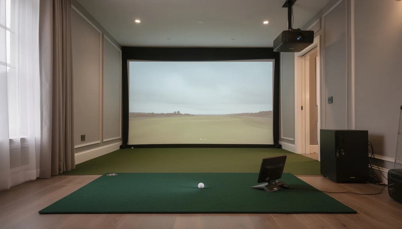 A golf simulator room with a launch monitor, projector and computer beside the hitting mat