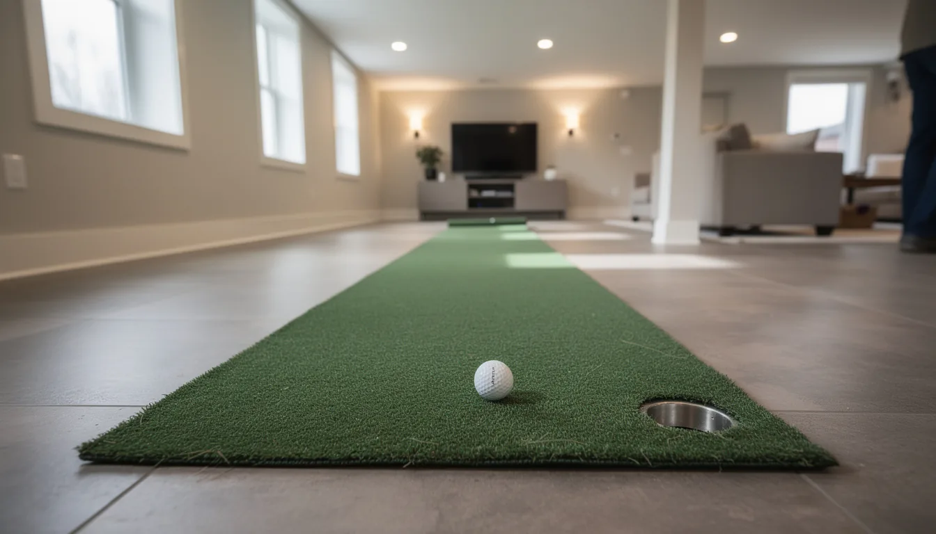 A roll-out indoor putting green along a finished basement room with a ball near the cup