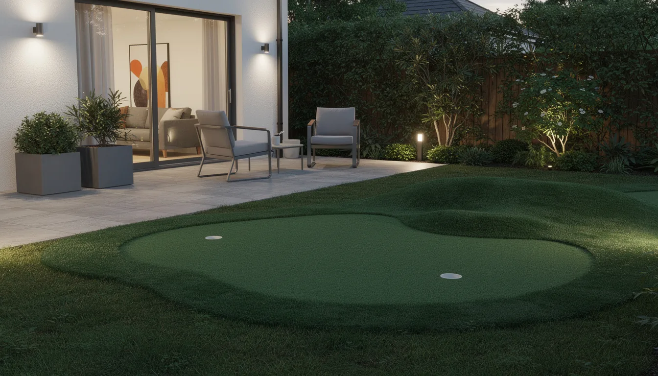 A small backyard synthetic putting green with a contoured fringe set into a lawn