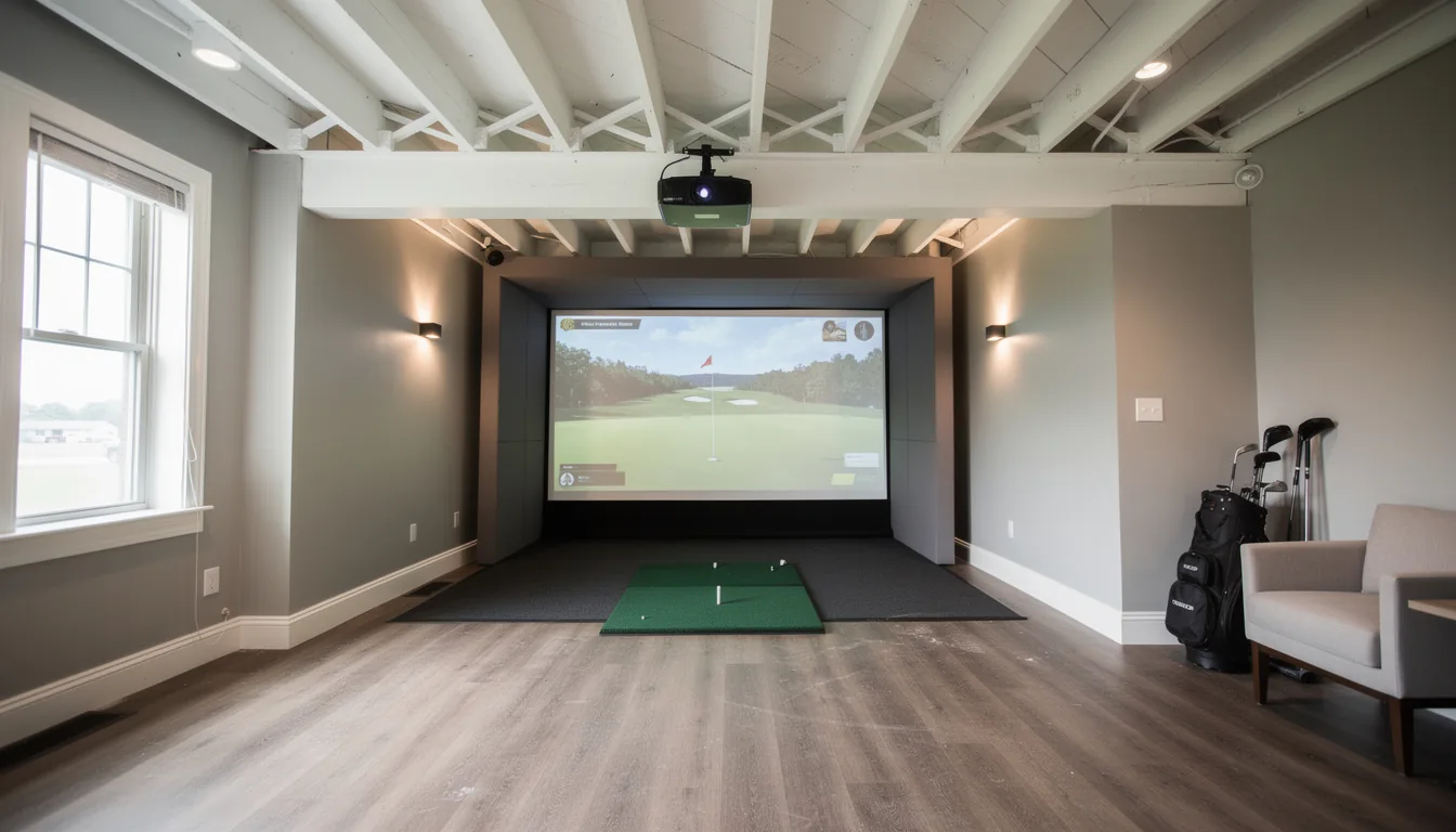 A simulator bay in a low-ceilinged basement with a short-throw projector tight to the joists