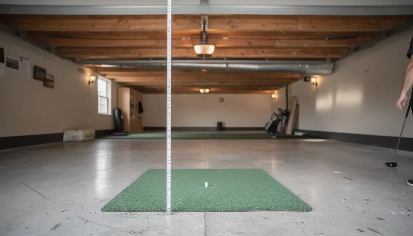 A tape measure extended from a garage floor to the exposed ceiling joists beside a hitting mat