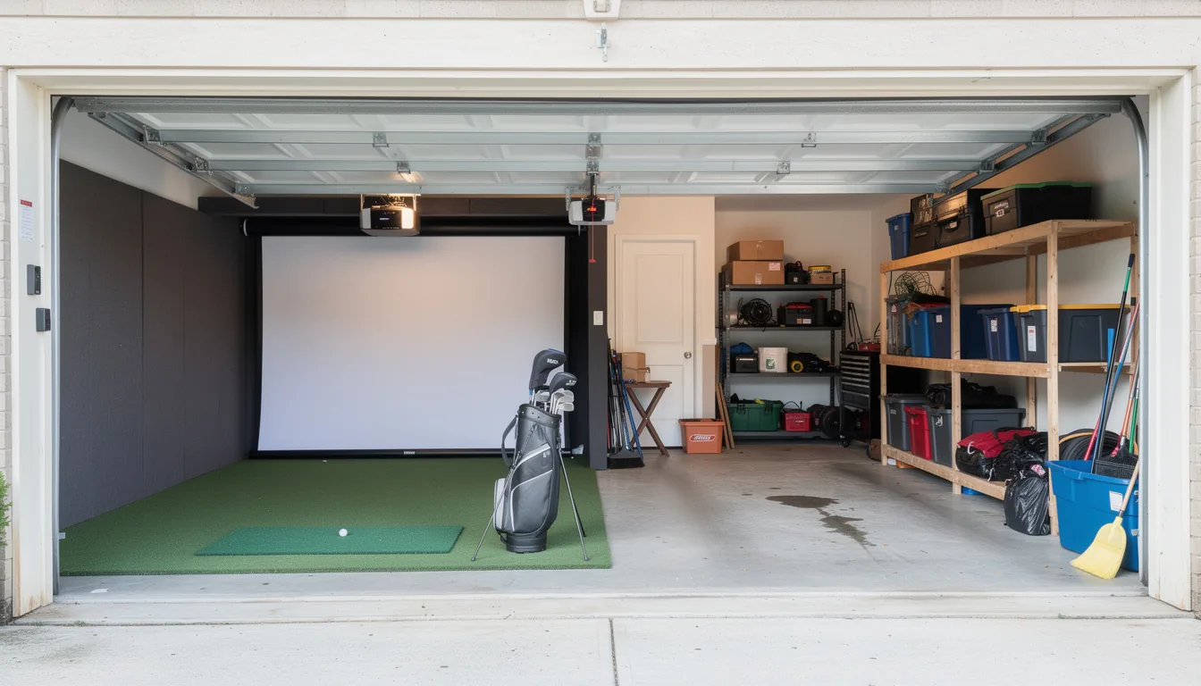 A two-car garage with one bay converted to a golf simulator and the other still used for storage