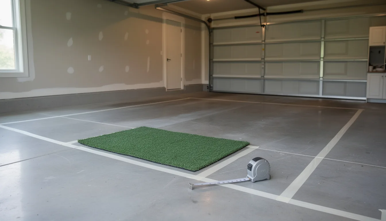 An empty garage bay taped out for a simulator build with a tape measure and a hitting mat